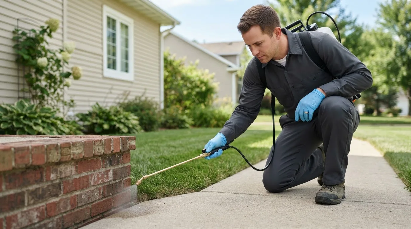 Pest control technician treating a home near Lawrenceville, GA